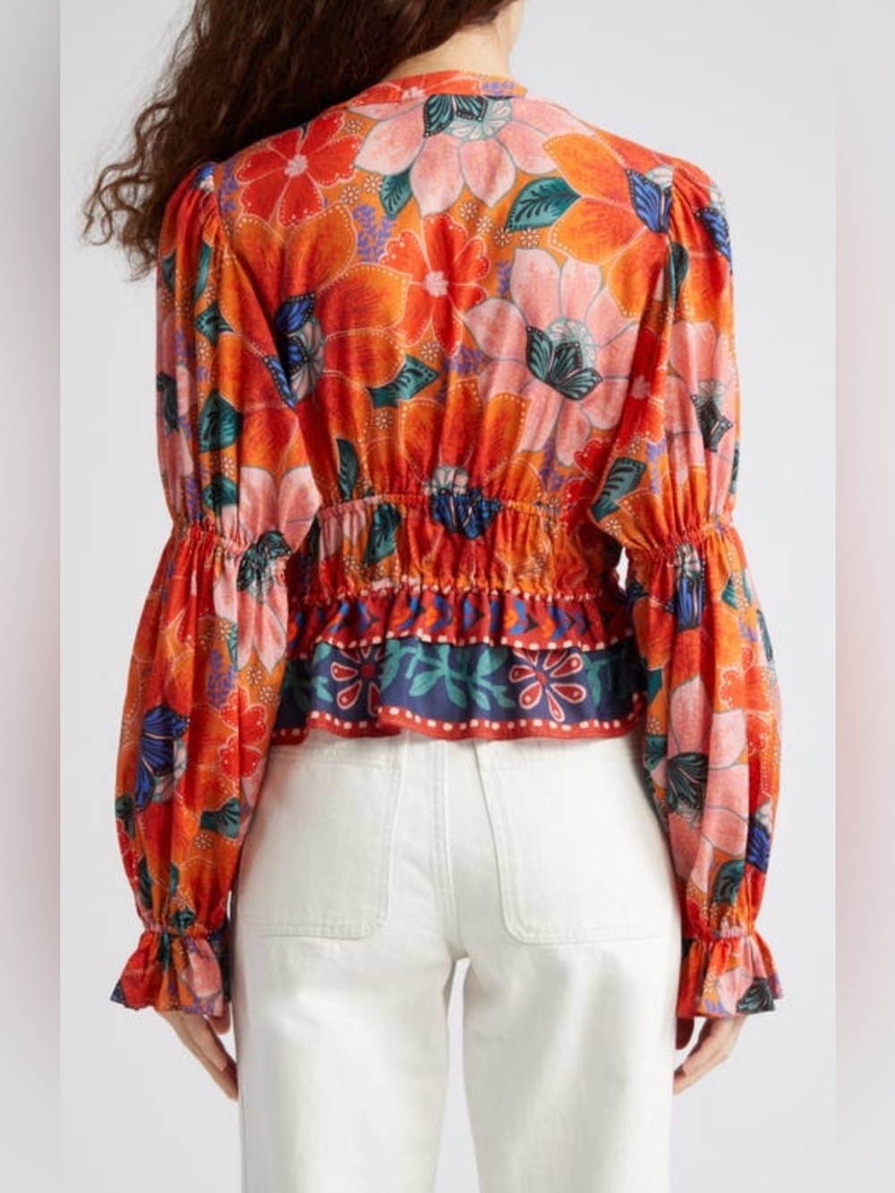 FARM Rio Marias Floral Plunge Neck Peplum Long Sleeve Top Size Medium - Picture 3 of 13